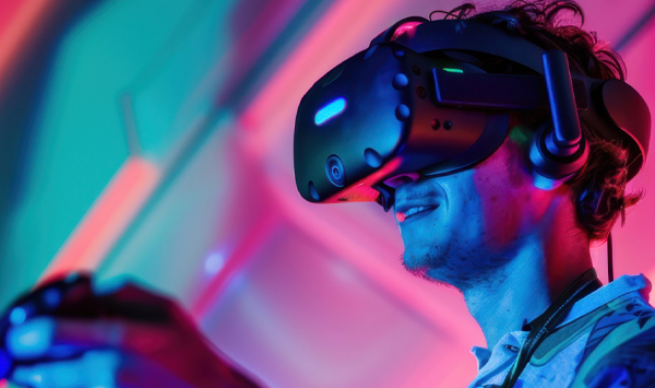 A gamer actively playing a VR game, surrounded by a vibrant gaming environment, action shots, colorful dynamic lighting. Horizontal